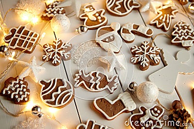 Christmas sweets composition. Gingerbread cookies with xmas decorations Stock Photo