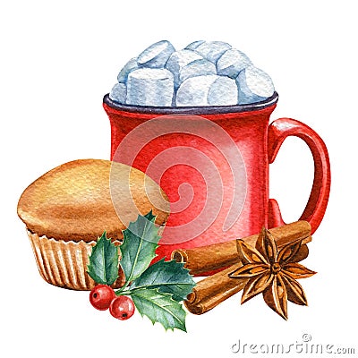 Christmas sweets, cookies, macaroons, marshmallows and cacao. Watercolor illustrations Cartoon Illustration