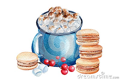 Christmas sweets, cookies, macaroons, marshmallows and cacao. Watercolor illustrations Cartoon Illustration