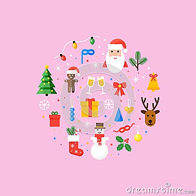 Christmas symbols illustration. Vector card in flat style. Cartoon Illustration