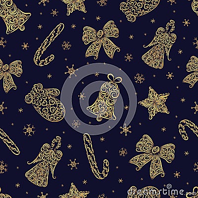 Christmas symbols from ornament element vector seamless pattern. Stylized bell, angel, star, mitten, caramel cane, bow Vector Illustration