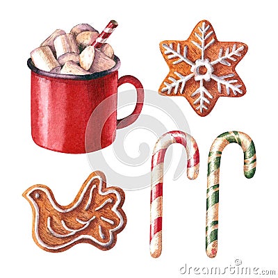 Christmas symbols watercolor collection isolated on white background. Stock Photo