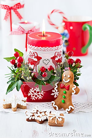 Christmas table decorated with candle Stock Photo