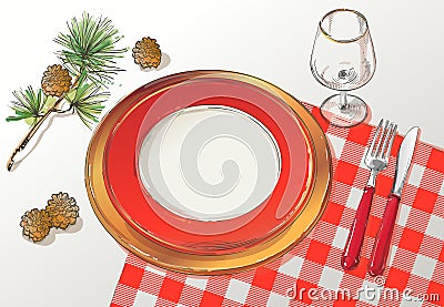 Vector Christmas table decorating setting. Festive cutlery set: fork, knife, empty plate on tablecloth with spruce Vector Illustration