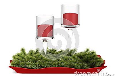 Christmas table decoration with candles isolated on white Stock Photo