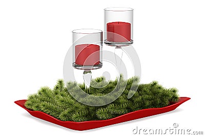 Christmas table decoration with candles isolated on white Stock Photo