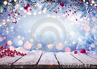 Christmas Table - Ornament In Fir Branches And Shiny Lights Stock Photo