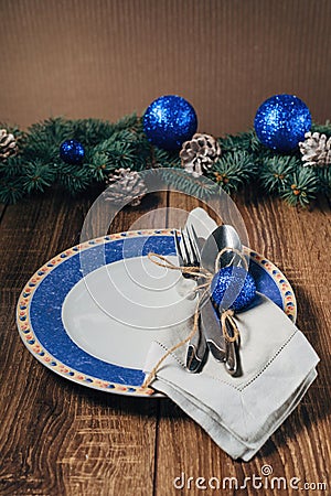 Christmas table, serving in blue tones Stock Photo