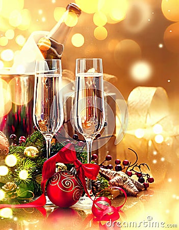 Christmas table setting with champagne. New Year celebration Stock Photo