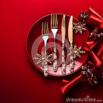 Christmas table setting with golden cutlery and Christmas decorations on red background. Stock Photo