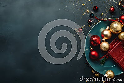 Christmas table setting with red and gold decorations on dark background. Stock Photo