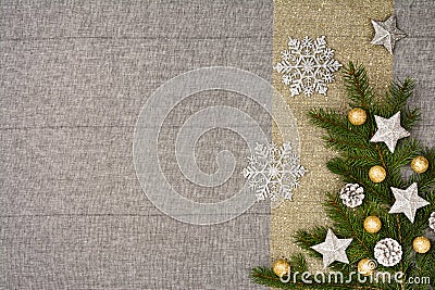 Christmas table top view. Linen tablecloth texture background. Stock Photo