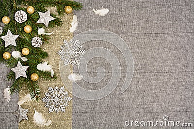 Christmas table top view. Linen tablecloth texture background. Stock Photo