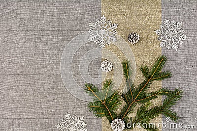 Christmas table top view. Linen tablecloth texture background. Stock Photo