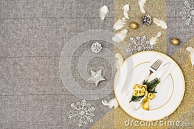 Christmas table top view. Linen tablecloth texture background. Stock Photo