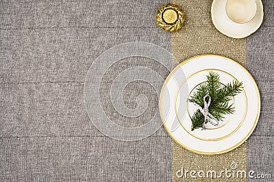 Christmas table top view. Linen tablecloth texture background. Stock Photo