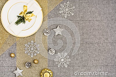 Christmas table top view. Linen tablecloth texture background. Stock Photo