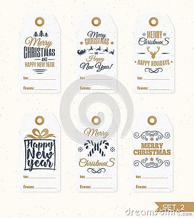 Christmas tags and labels set elements vector gold color with candy, santa and deer, snowflake Vector Illustration