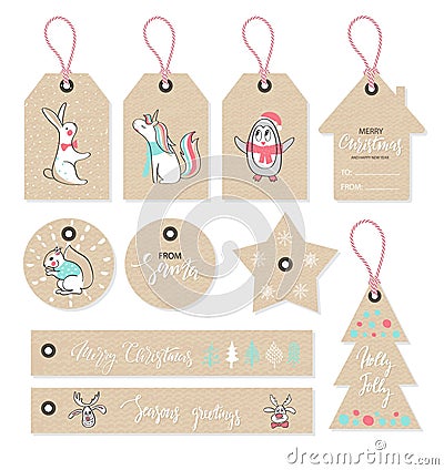 Christmas tags set with cute animals, hand drawn style. Vector illustration. Vector Illustration