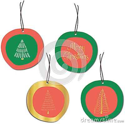 Christmas tags vector set. Merry Christmas gift tags with gold foil elements. Green, red, faux golden Christmas decor. Vector Illustration