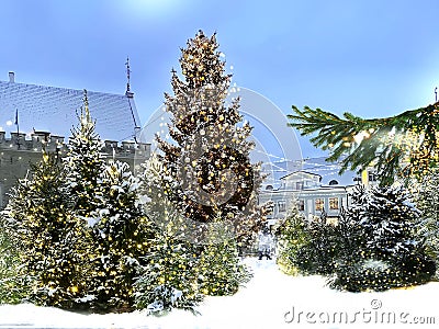 Christmas Tallinn tree golden confetti illuminated holiday bazar city decoration white fluffy snow fall medieval tow Stock Photo