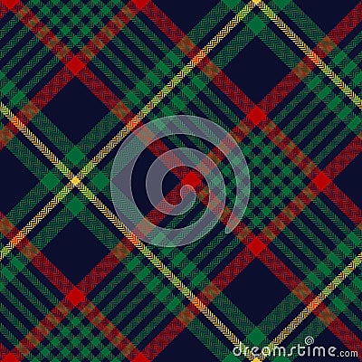 Christmas tartan plaid pattern in red, green, yellow, dark blue. Seamless New Year herringbone textured check plaid. Vector Illustration