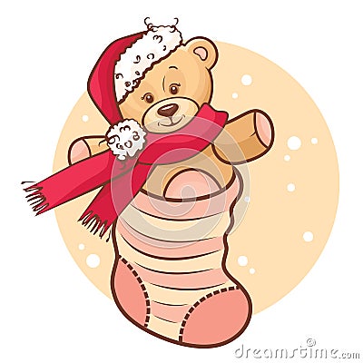 Christmas teddy baby in sock Vector Illustration