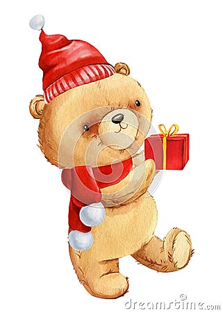 Christmas Teddy bear in Santa Claus hat with gift box. Watercolor illustration. Bear doll on white isolated background Cartoon Illustration