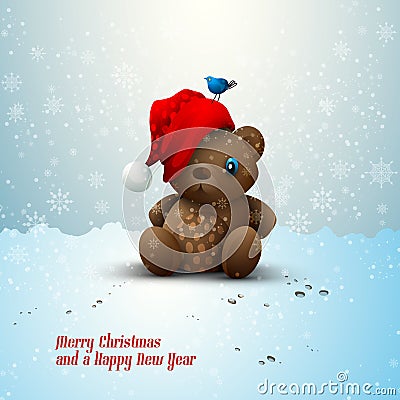 Christmas Teddy Bear Sitting Alone in the Snow Vector Illustration