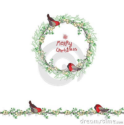 Christmas template with bullfinches and white berries. Stock Photo