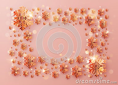 Christmas template frame inscription decorated with warm color paper snowflakes. EPS 10 Vector Illustration