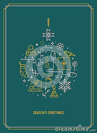 Christmas template for greeting card, banner or party invitation. Christmas ball consisting of xmas elements. Vector. Cartoon Illustration