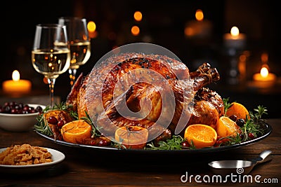 Christmas or Thanksgiving dinner with roasted turkey, glasses of wine and fruits served on festive table with candle Stock Photo