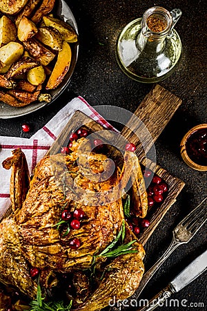 Christmas, thanksgiving food, baked roasted chicken with cranberry and herbs, served with fried vegetables and sauces on dark Stock Photo