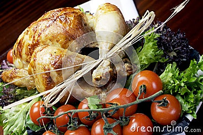 Christmas or Thanksgiving roast chicken turkey - Close up angle shot. Stock Photo
