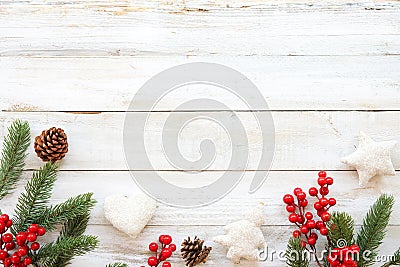 Christmas theme background with decorating elements and ornament rustic on white wood table Stock Photo