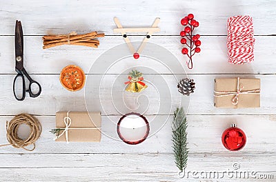 Christmas theme Background with decorations and gifts boxes on white wood board. Stock Photo