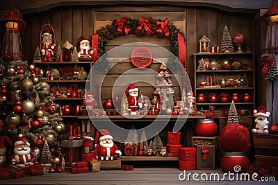 Christmas theme custom-made ,wood and reddecorations backdrop, composit image only Stock Photo