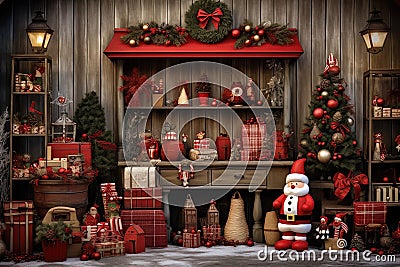 Christmas theme custom-made ,wood and reddecorations backdrop, composit image only Stock Photo