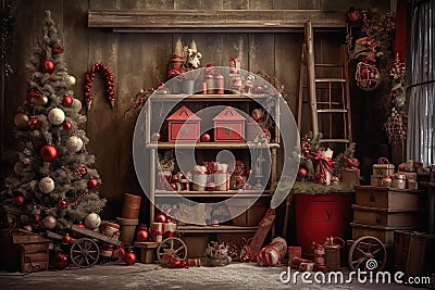 Christmas theme custom-made ,wood and reddecorations backdrop, composit image only Stock Photo