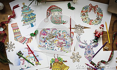 Christmas theme drawings colorful creative Stock Photo