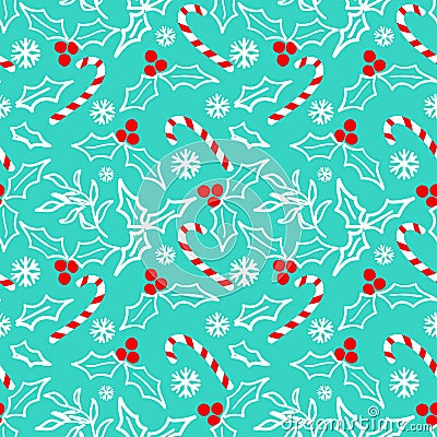 Christmas themed doodle style holly berries and candy canes pattern Vector Illustration