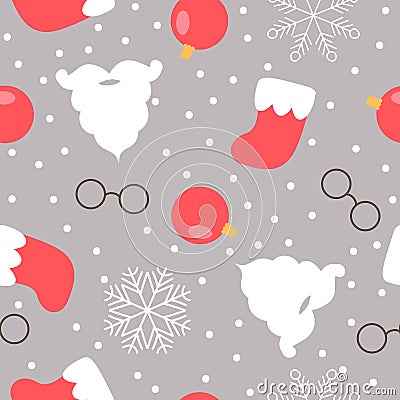 Christmas themed seamless pattern. Santas beard, glasses and boots Vector Illustration