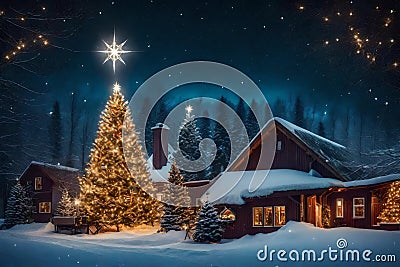 Christmas themed snow covered house lights card design Stock Photo