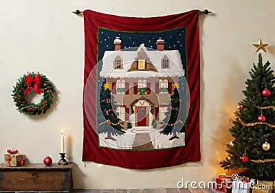 A Christmas-Themed Tapestry On A Wall, In A Historic Home Setting. Generative AI Stock Photo