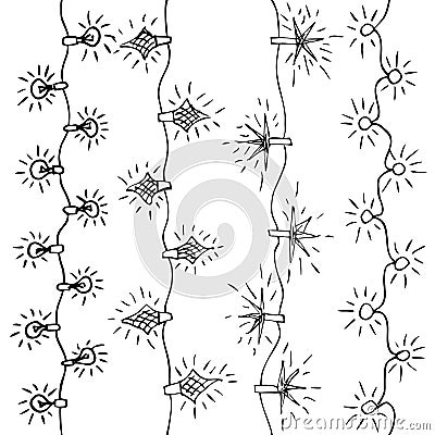 Christmas tile background with electric lamp garland. Seamless New Years party pattern. Vector Illustration