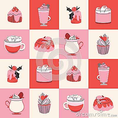 Christmas tile grid pattern with sweets and drinks. Winter Holiday element mosaic tile vector background for kitchen textiles, Vector Illustration
