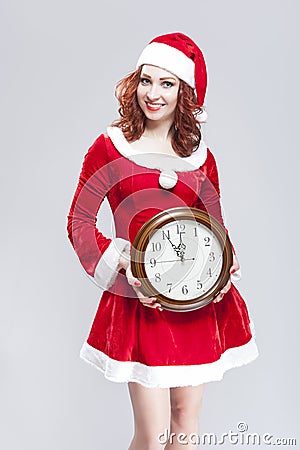 Christmas Time Concept. Smiling Gleeful Red Haired Santa Helper Stock Photo