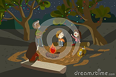 Christmas time family get together and having good time camping in the wild. Vector Illustration