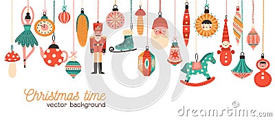 Christmas time flat banner vector template. Xmas tree decorations illustration with typography. Decorative toys hanging Vector Illustration